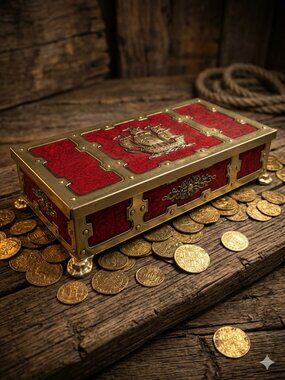 Vintage Embossed Tin Confectionery Box Ship Red and Gold Treasure Chest *read*
